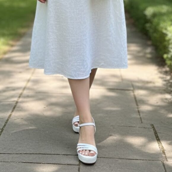 White Strappy Platform Sandals Block Heel Ankle Strap | Wedding Prom Summer - Picture 3 of 4